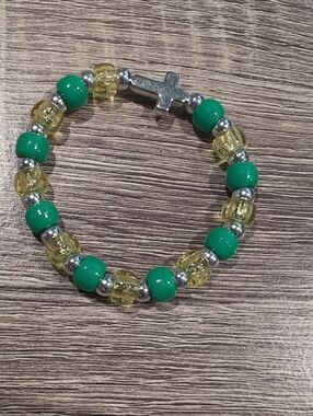 Green and Yellow Beaded Stretch Bracelet with Cross